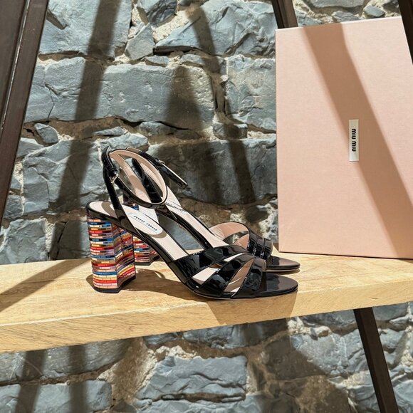 Miu Miu Black Patent Multicolour Heel Sandals - Picture 1 of 12